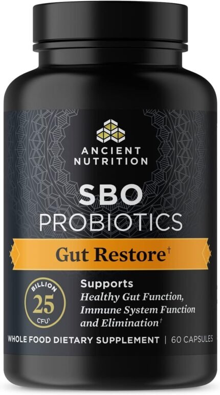 Ancient Nutrition Probiotics, SBO Probiotics Gut Restore 60 Ct, Promotes Gut Health, Digestive and Immune Support, Gluten Free, Ancient Superfoods Blend, 25 Billion CFUs* Per Serving